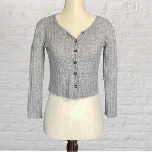 White Fawn Ribbed Cropped Cardigan Juniors Large Heather Gray